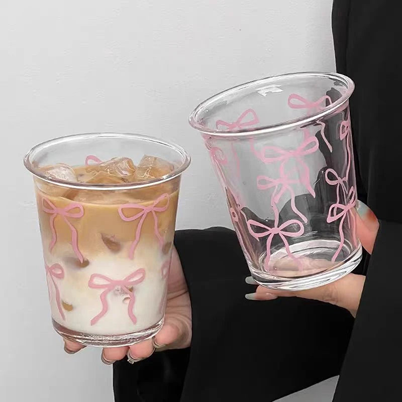 Glass Cute Water Cup Cartoon Bow Glass Cup Striped Cute Doodle Coffee Mug Household Fruit Tea Lemonade Girls Gift