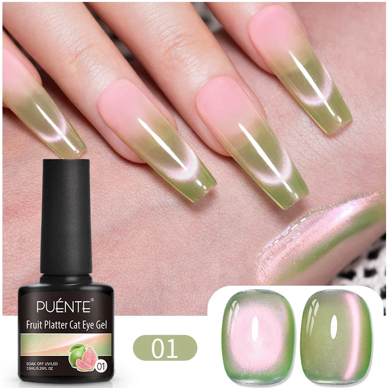PUENTE 6pcs/set Fruit Series Cat Magnetic Gel Nail Polish Sparkling Blue Pink Purple Cat Eye Soak Off UV Semi-permanent Varnish