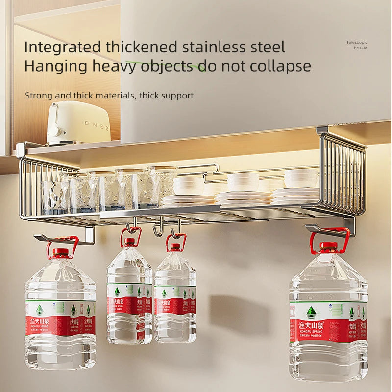Kitchen Stainless Steel Retractable Hanging Basket Storage Organization Accessories Bathroom Multi-purpose Cabinet Under Shelves