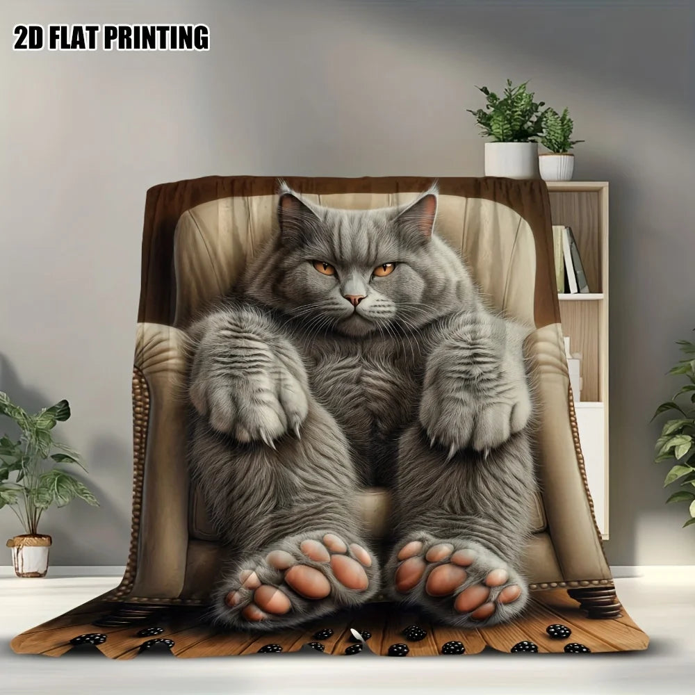 Extra Large Cat Face Blanket – Soft British Shorthair Flannel Throw with Paw Prints for Cat Lovers