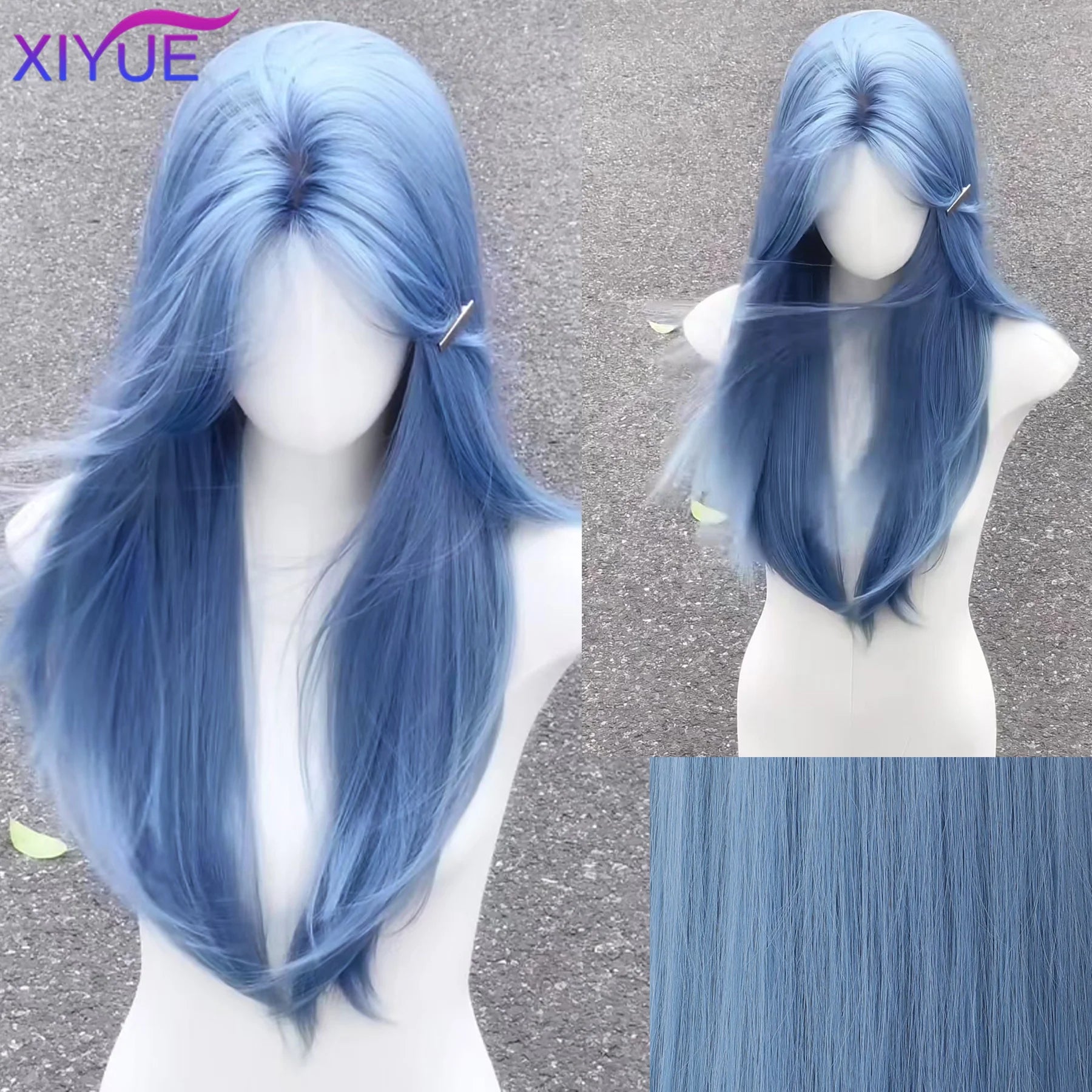 Long Straight Synthetic Wigs Light Blue with Ash Highlight Cosplay Wig with Bangs for Women Natural Hair Heat Resistant Fiber