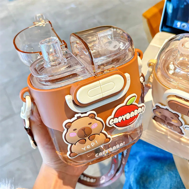 kapibara 600ml cartoon double drink sub-warehouse plastic water bottle kids Capybara outdoor portable plastic summer cup student