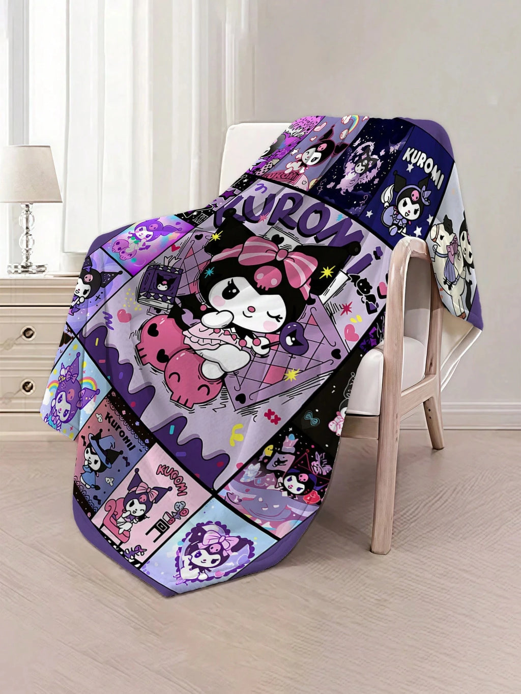 1pc Sanrio Kuromi Themed Flannel Blanket, 2D Flat Print, All-Season, Otaku Throw for Bedroom, Living Room, Napping, Camping & Gi