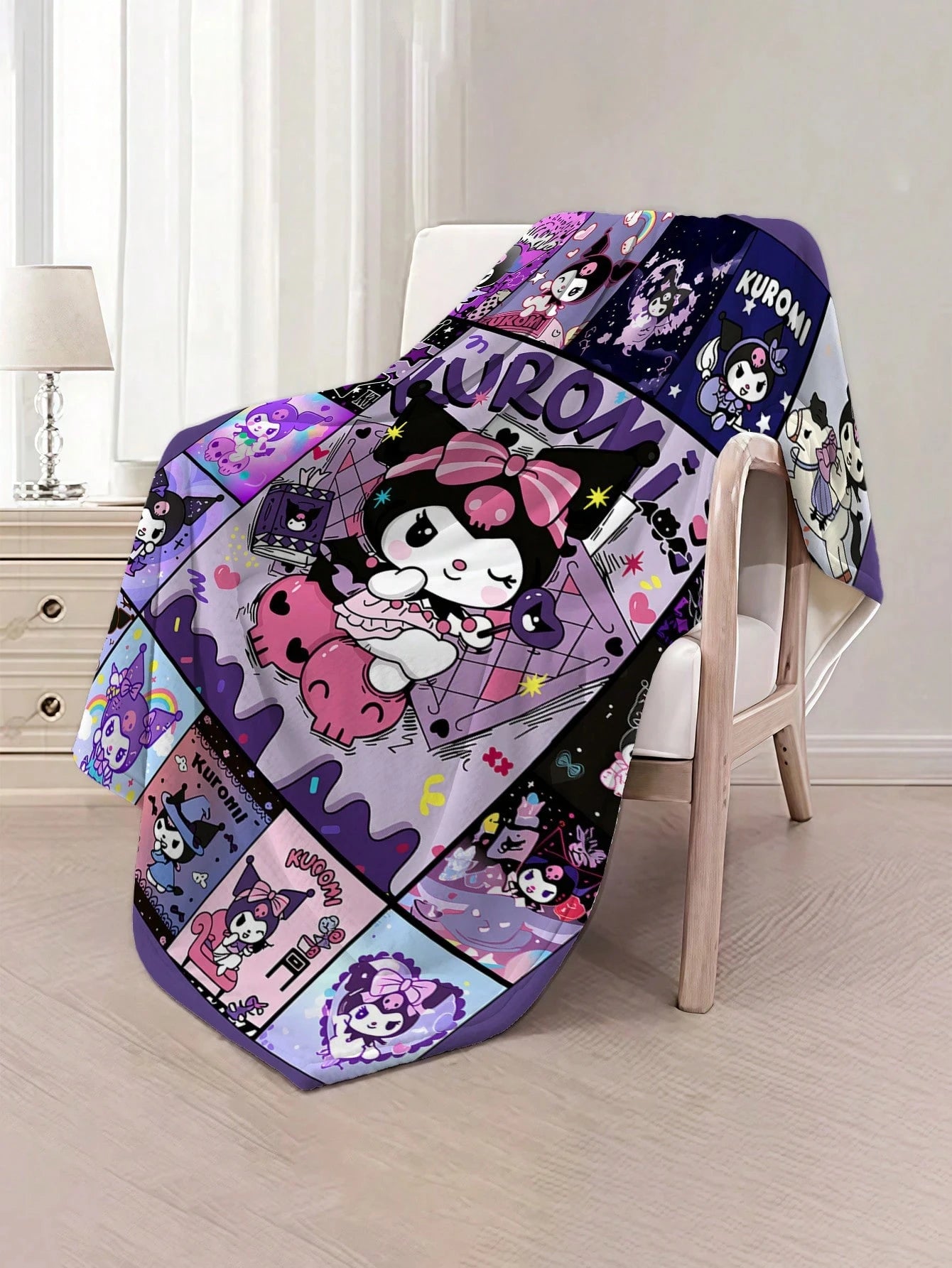 1pc Sanrio Kuromi Themed Flannel Blanket, 2D Flat Print, All-Season, Otaku Throw for Bedroom, Living Room, Napping, Camping & Gi