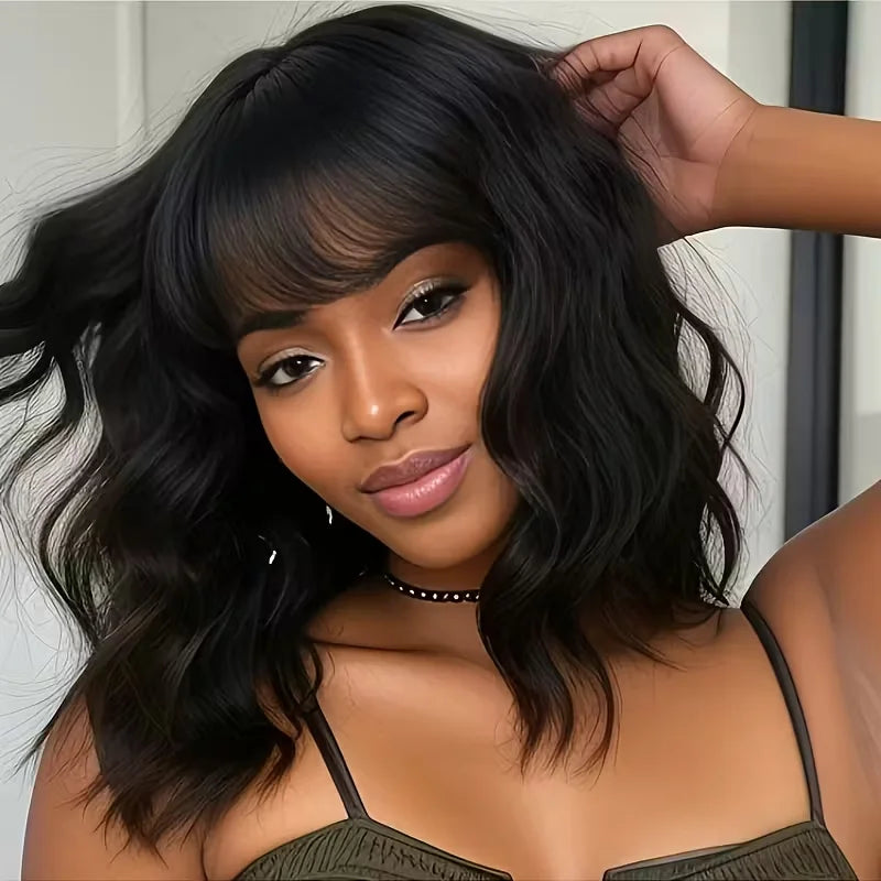 Body Wave Bob Wig With Bangs Short Full Machine Made Human Hair Wigs 220% Density Loose Body Wave Brazilian Natural Black Color