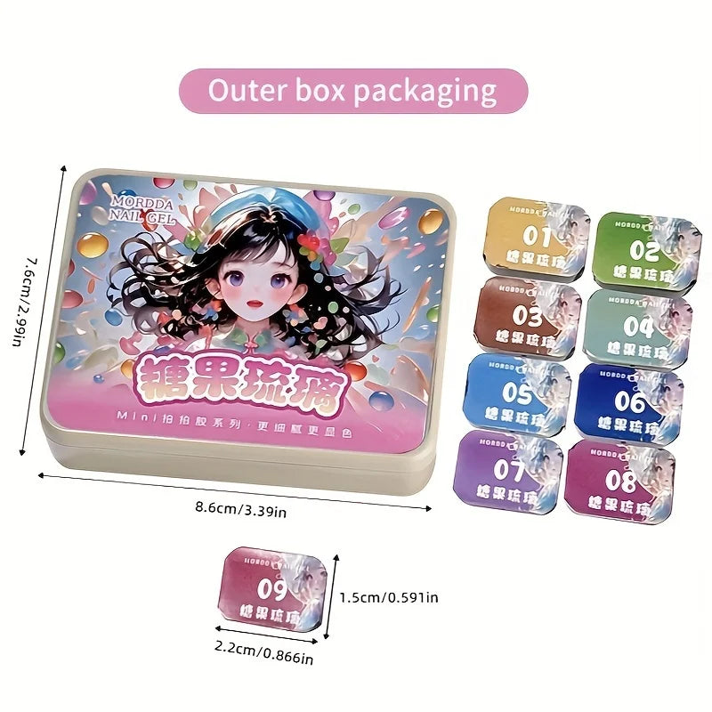 MORDDA 9Pcs Candy Solid Glass Adhesive Patter Glue Smudges Canned High Saturation Popular Semi-Solid Nail Polish