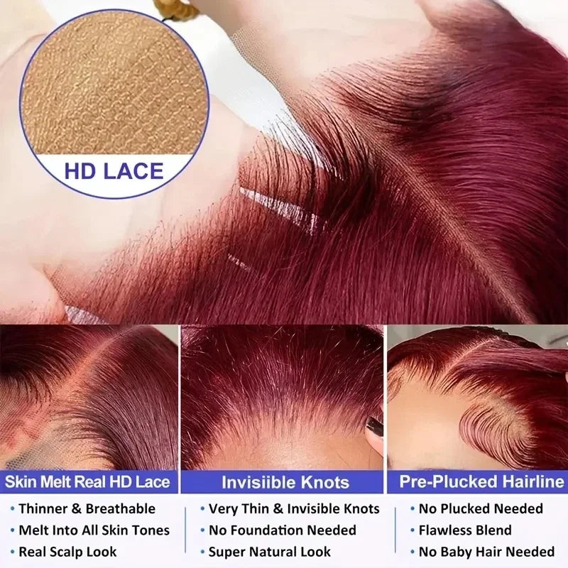 99j Burgundy 13x6 HD Lace Frontal Human Hair Wig 30 40 Inch Body Wave Lace Front Wigs 250 Density Red Colored Pre Plucked Wig