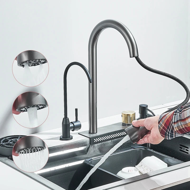 304Stainless Steel Waterfall Kitchen Sink Large Single Slot Integrated 60X45cm Faucet Set Soap Dispenser/Pure Water/Cup Washer