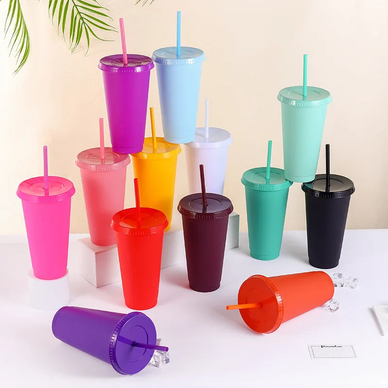 Hot Selling Funny Stylish Matte Finish Reusable Tumbler Plastic Cup With Straw Coffee Milk Tea Household Water Cup 24oz 710ml