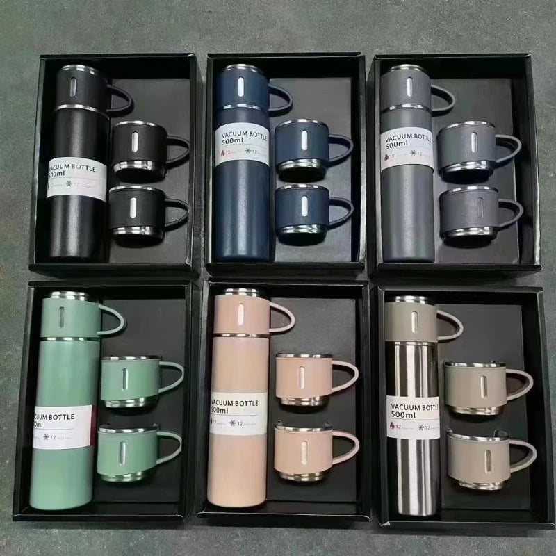Business Stainless Steel Vacuum Thermos 500ml, 3-Lid Gift Set , Double Wall Insulated for Office Travel Camping Hot Cold Drinks