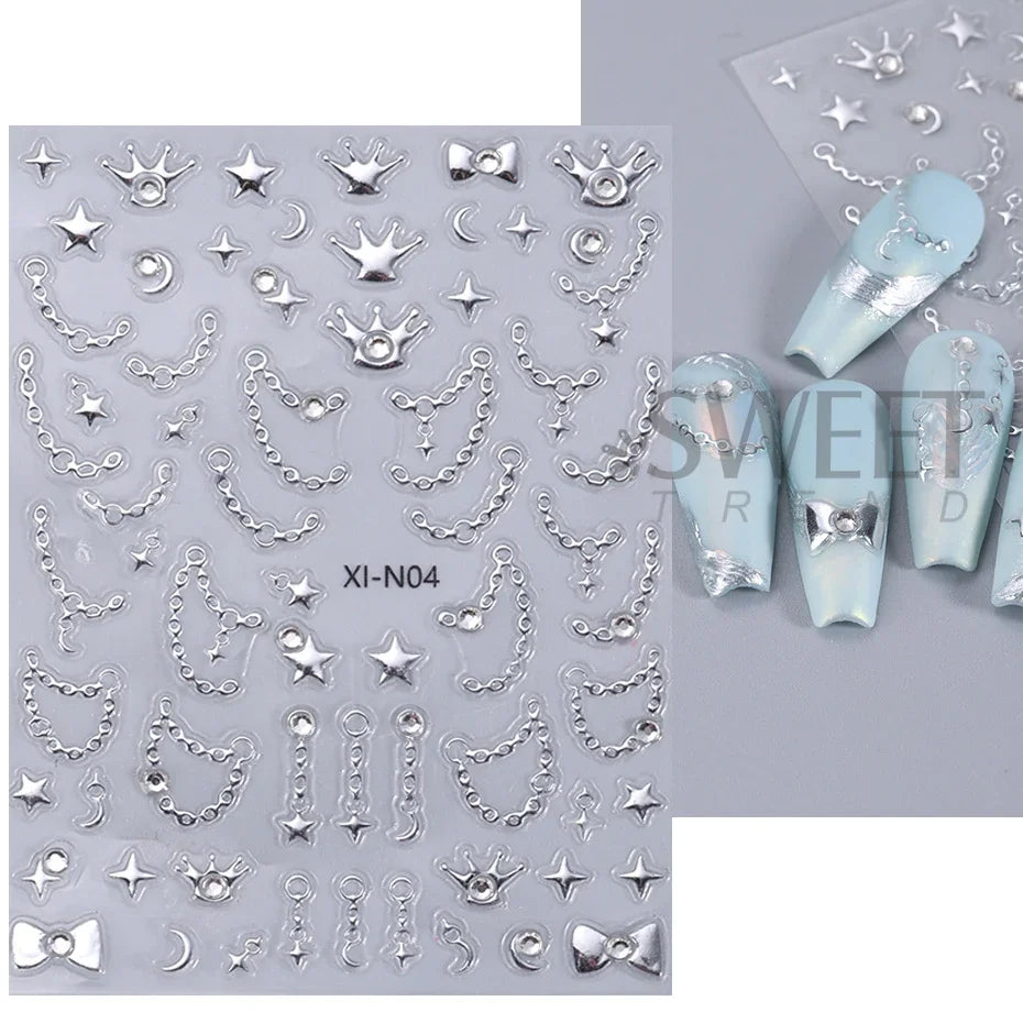 5D Embossed Metal Silver Stars Nail Stickers Mixed Color Resin Rhinestone Chain Pearl y2k Style Engraved Holographic Decoration