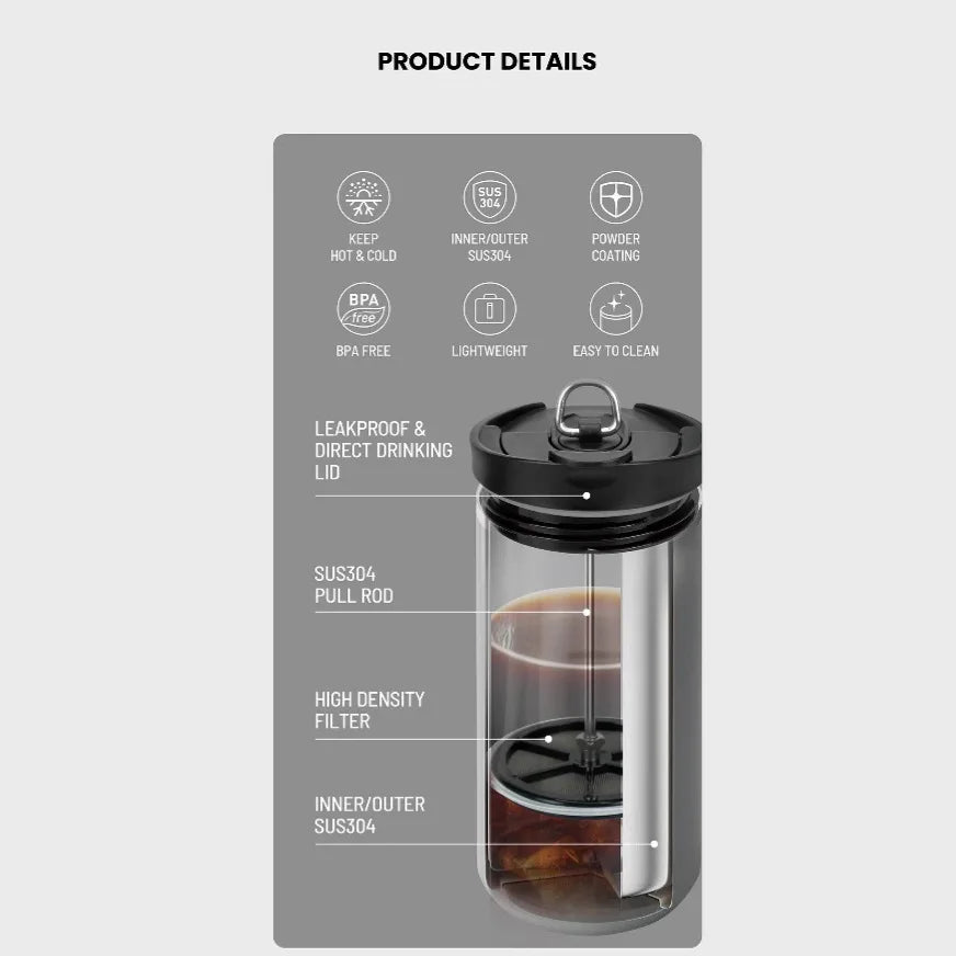 TYESO 600ML Outdoor Handmade Coffee Cup French Press Travel Mug 304 Stainless Steel Thermos Cup Double-Wall Insulated Cup