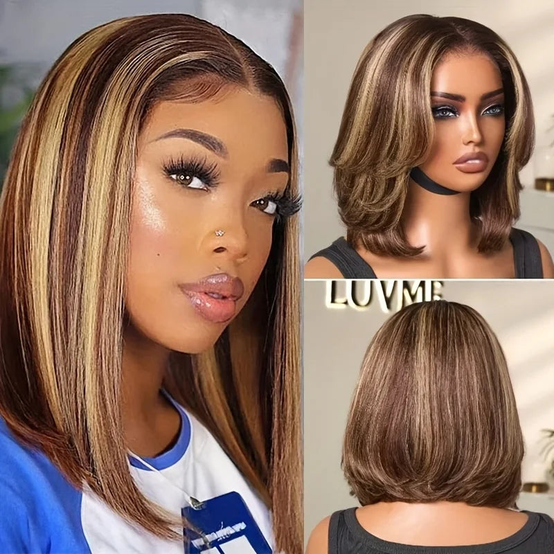Blonde Highlight Straight Short Bob Ombre Wig 220% Density 4/27 Honey Blonde Lace Front Straight Wigs Human Hair For Women