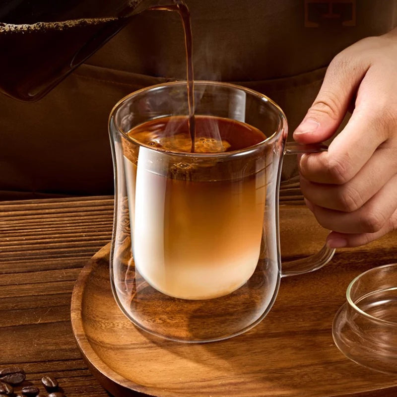 FOME 1/2/4pcs Double Wall Glass Coffee Cups Clear Espresso Mug With Handle For Hot Cold Beverage Milk Juice Teacup Drinkware Set