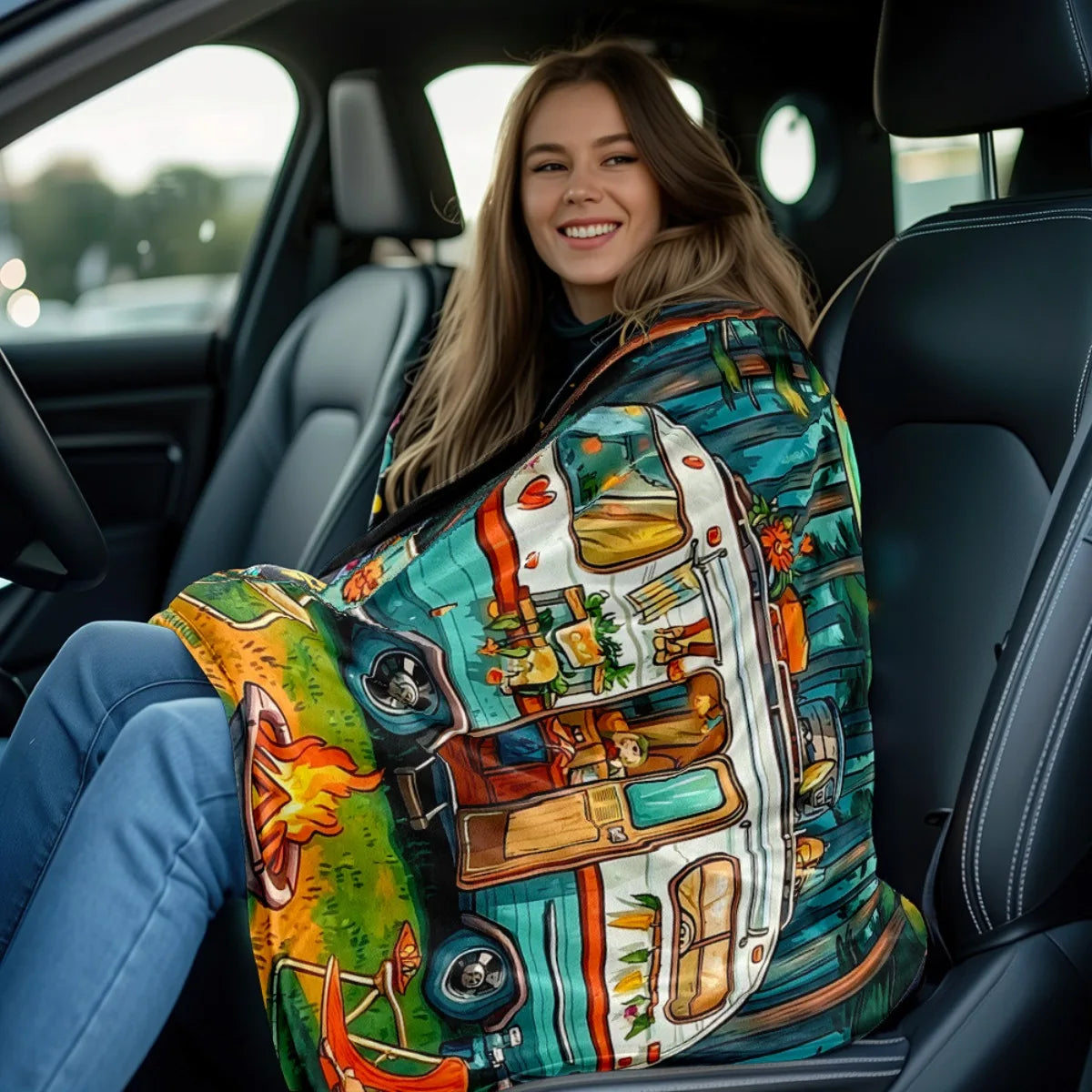 Personalized Vintage Camper Van Blanket Custom Name Cozy Flannel All-Season Bedspread Suitable for Sofa, Bed, Camping & Travel