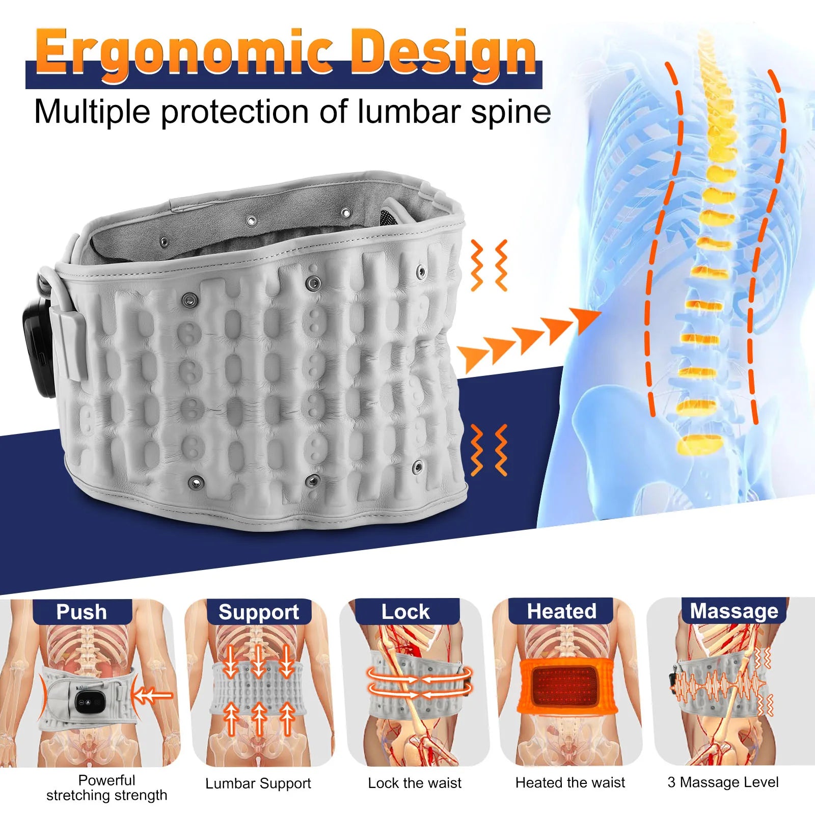 Heating Back Decompression Lumbar Support Belt Red Light Waist Air Traction Brace Spinal Back Belt Backache Vibration Massager