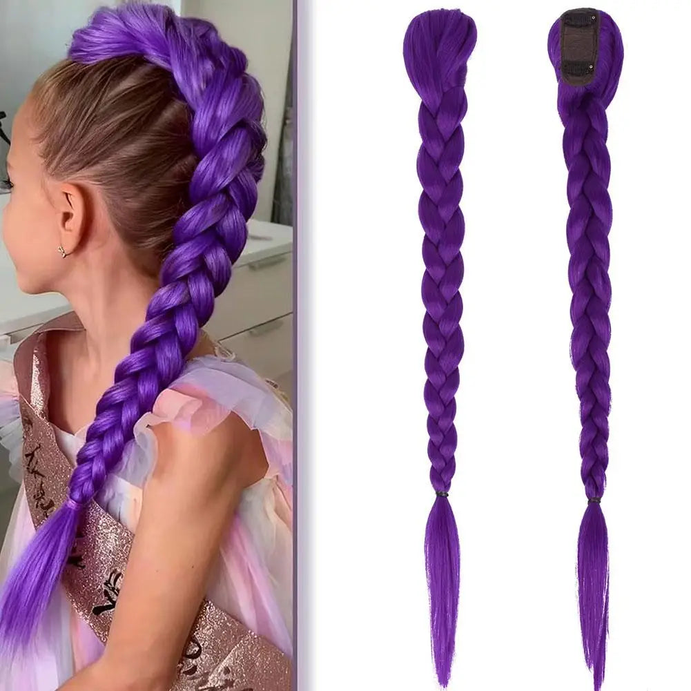 66cm Purple Braided Hair Ponytail Extensions for Kids Cosplay Long Purple Braids Rumi Hairstyle for Kids Christmas Party Use
