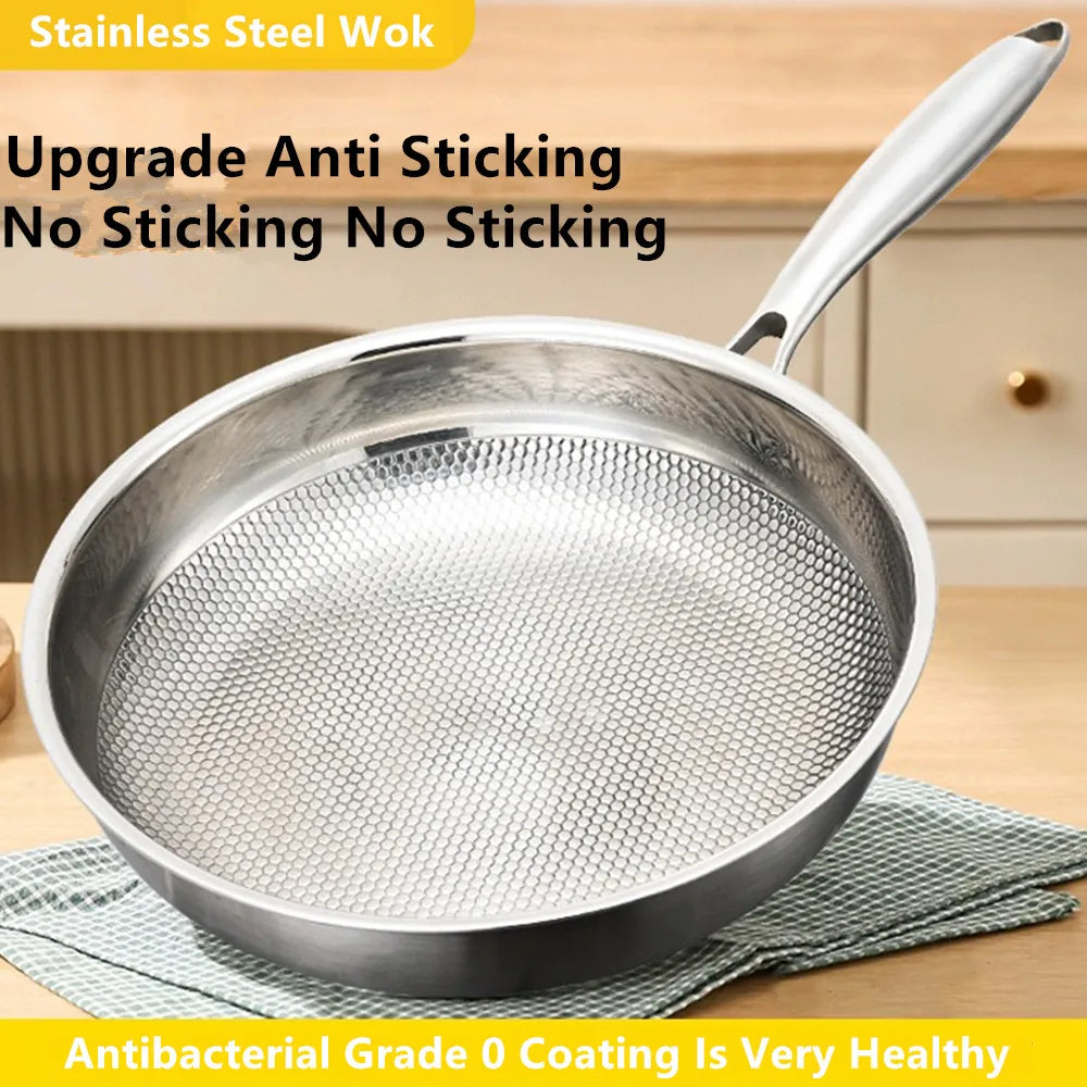 304 Stainless Steel Wok Non-Stick Frying Pan Steak Frying Pan Uncoated Kitchen Cookware Suitable For Gas Stove Induction Cooker