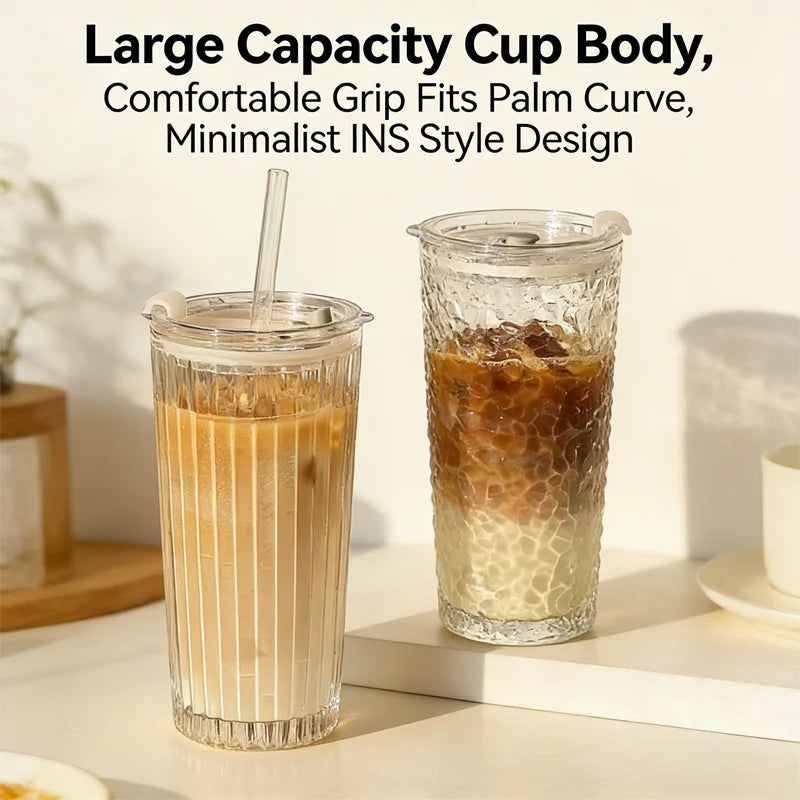 NEW Large-capacity glass cup, high appearance value, straw cup, with lid, suitable for iced Americano, latte, and juice