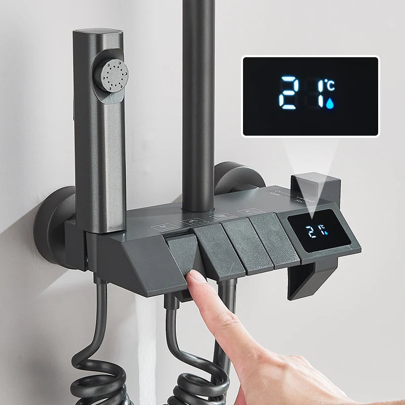 Rozin Black Smart Digital Display Shower Faucet Set Piano Style Rainlfall Bathroom System Grey Digital Mixer Tap Bidet Shower