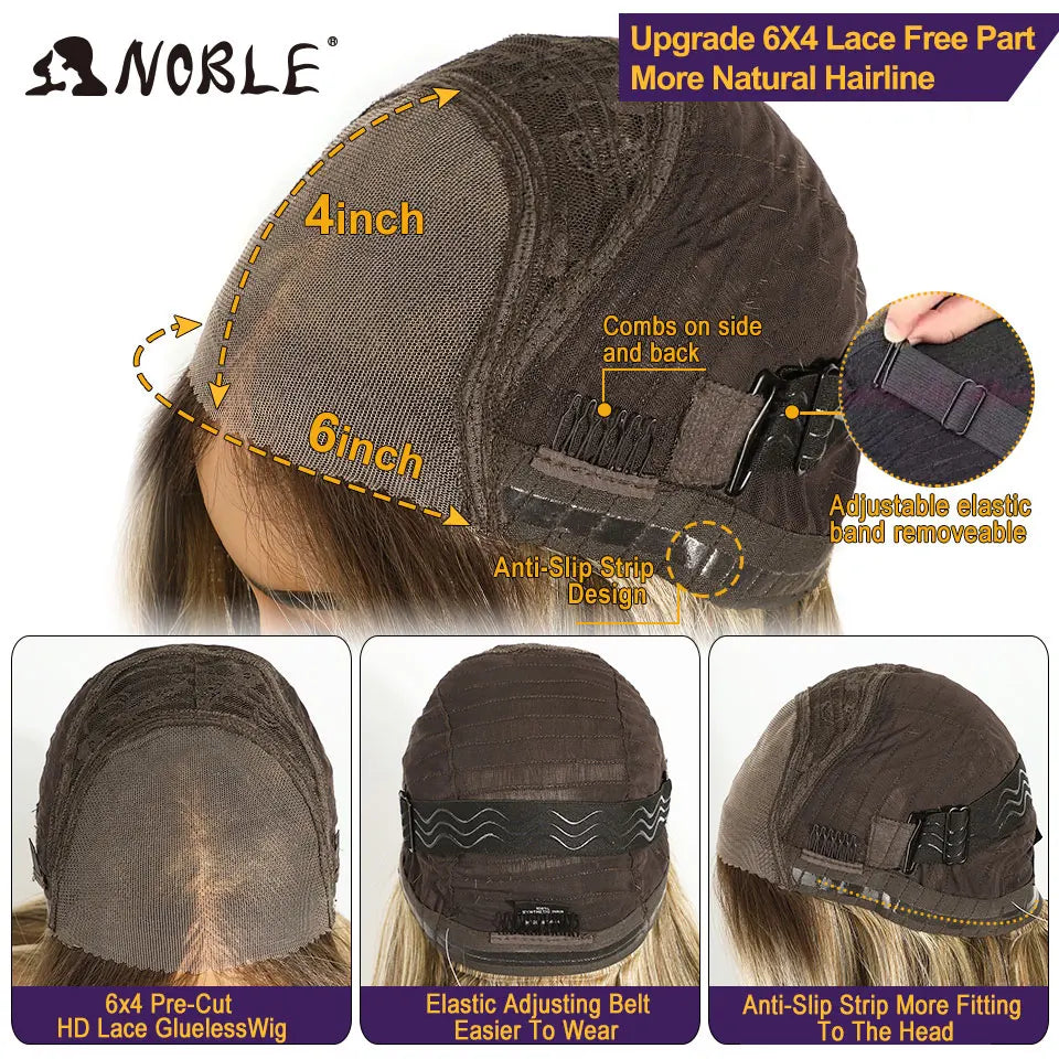 NOBLE 16 Inch 6x4 Lace Front Wig Synthetic Hair Ombre Ash Blonde with Dark Root Heat Resistant Fiber Glueless Wig for Women