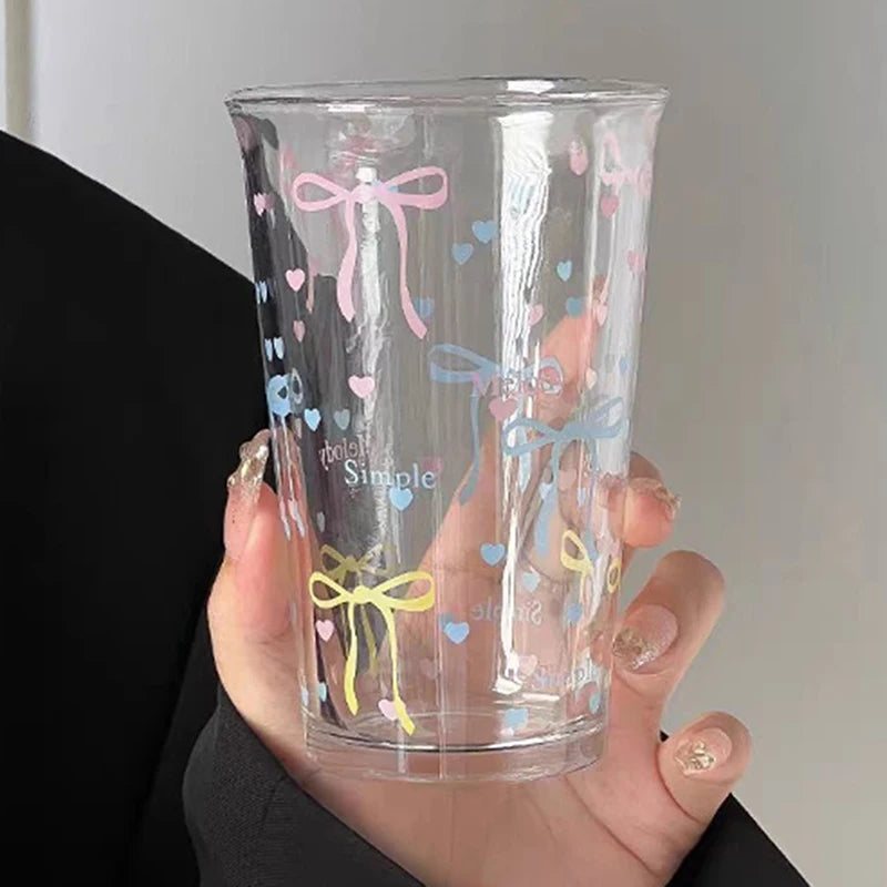 Glass Cute Water Cup Cartoon Bow Glass Cup Striped Cute Doodle Coffee Mug Household Fruit Tea Lemonade Girls Gift