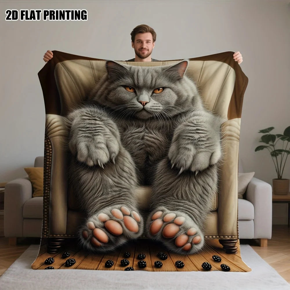 Extra Large Cat Face Blanket – Soft British Shorthair Flannel Throw with Paw Prints for Cat Lovers