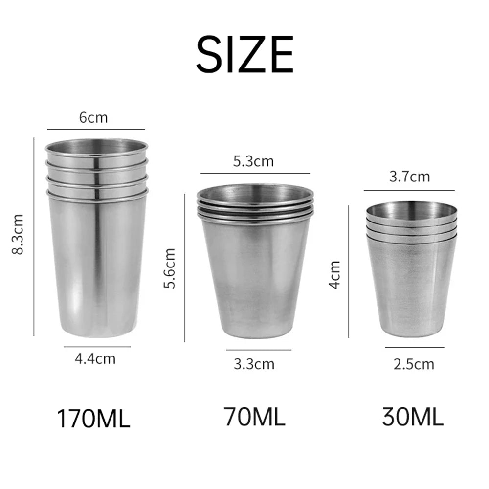 4pcs/Set Stainless Steel Cups with Storage Bag Metal Drinking Cups Stackable Water Tumblers 30ml/70ml/170ml for Outdoor Travel