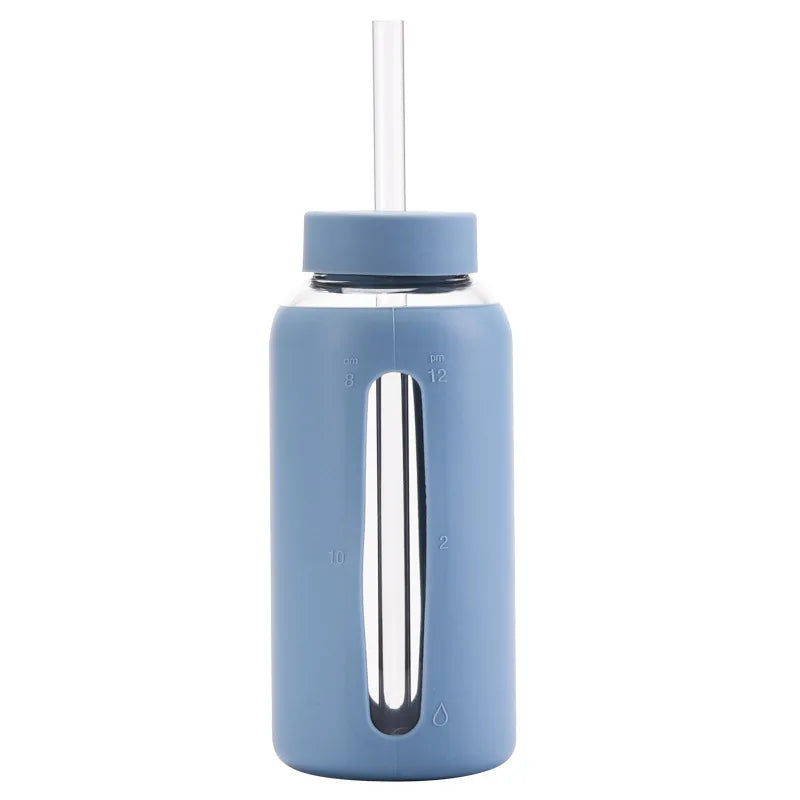 800ml Large Capacity Single-layer Glass Cup with Silicone Sleeve,Time Scale And Straw,Portable Drinkware,Outdoor Water Bottle