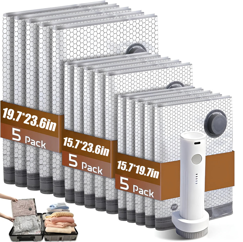 Cordless Compression Travel Vacuum Set 15 Pack -Vacuum Bags for Travel with Rechargeable air Pump,for Luggage and Suitcase