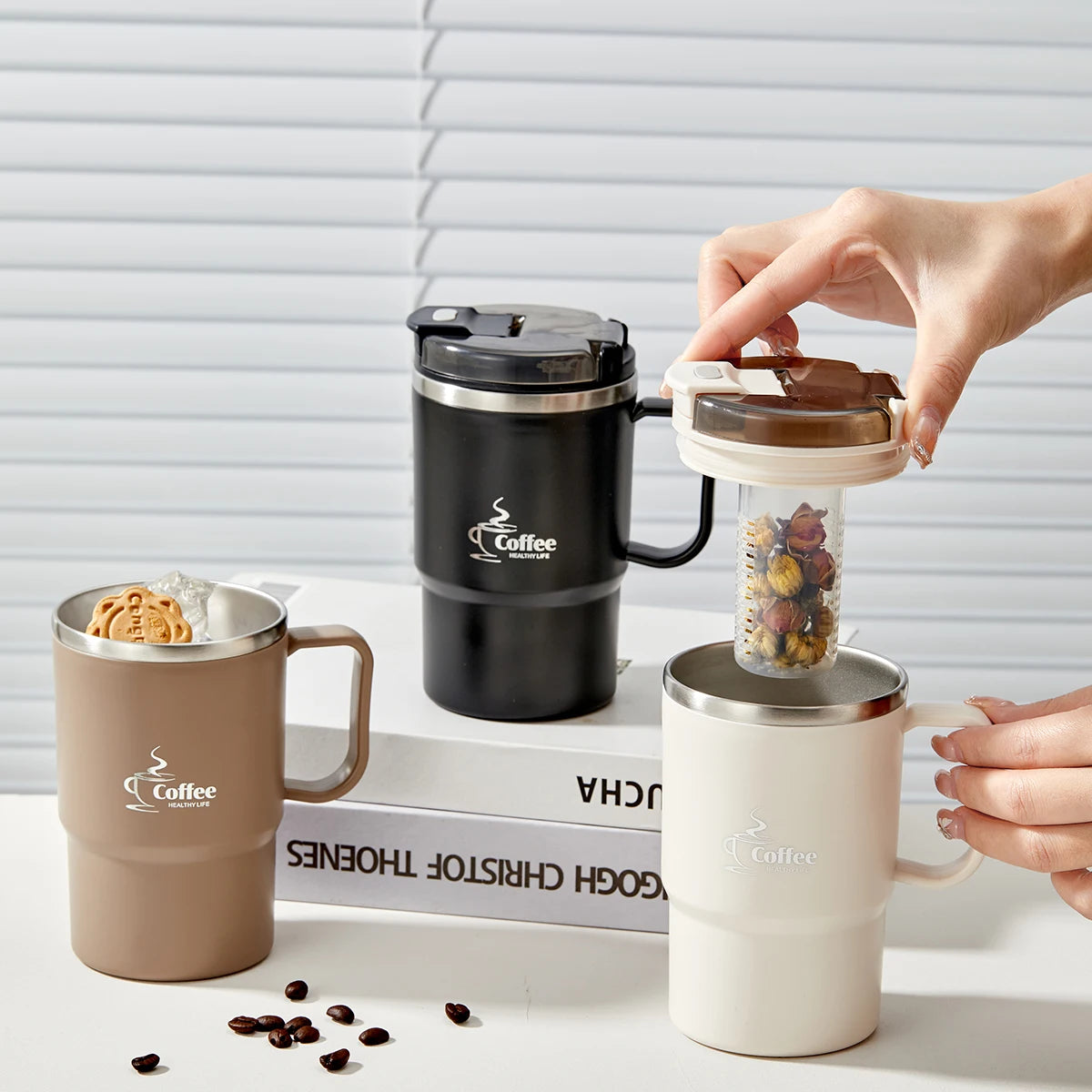 WORTHBUY 304 Stainless Steel Mug Double Layer Insulated Coffee Cup With Spoon & Strainer Sealed Thermal Cup For Student Adult