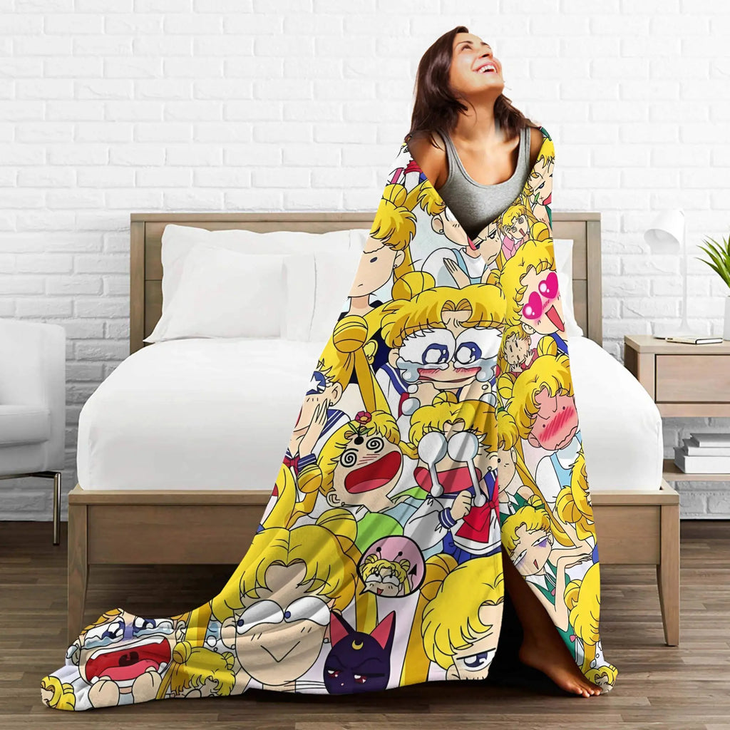Warm Blanket Airplane Travel Kawaii Anime S-Sailors Moons Throw Blanket  Flannel Bedspread For Home Decor Novelty Sofa Bed Cover