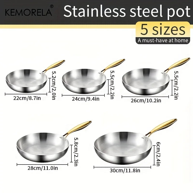 3PCS 316 Stainless Steel Gold Handle Frying Pan 2MM Thick Wok Pan 5 Ply Steel Food Grade Safety Non-Stick Pans Multiple Sizes