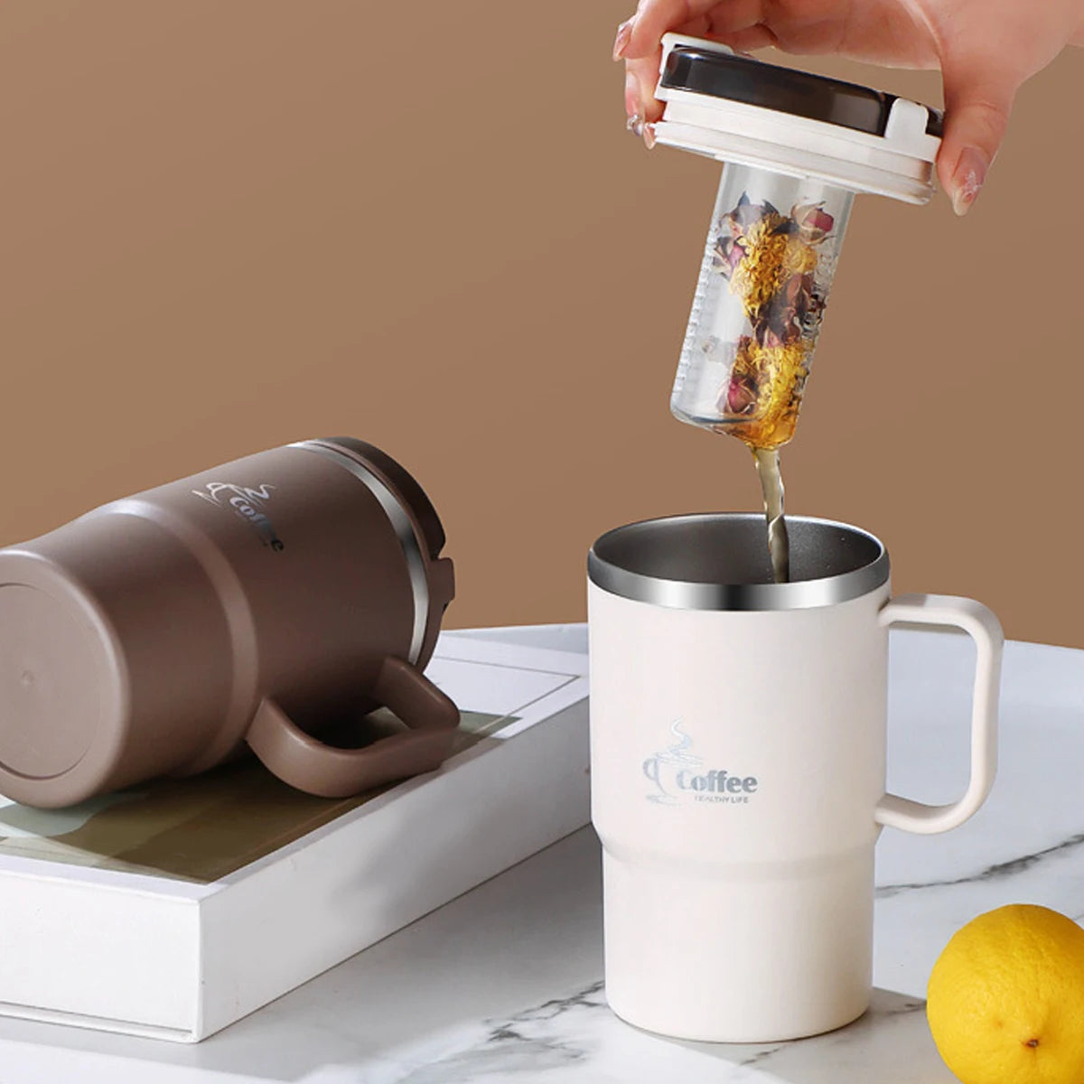 Double-Wall Insulated Coffee Mug Portable 304 Stainless Steel Water Cup With Spoon & Tea Strainer Anti Scald Sealed Drinking Cup