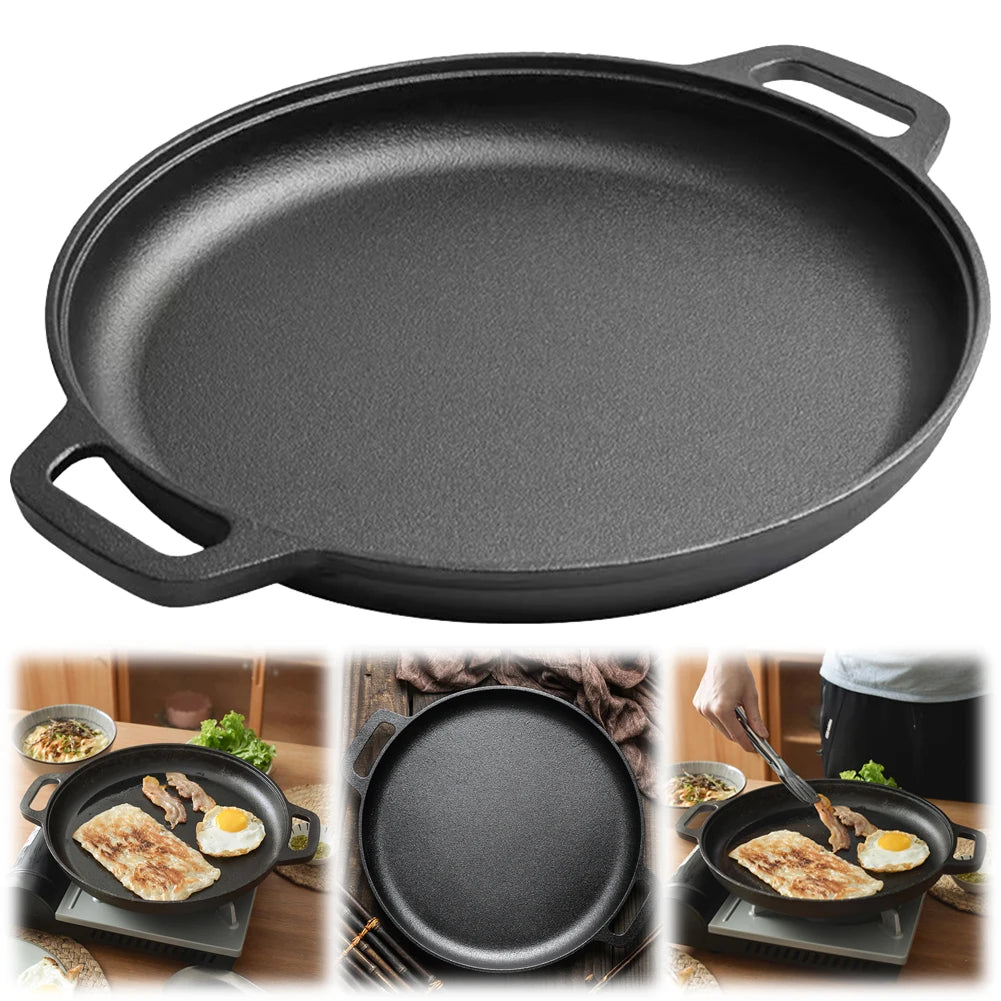 Cast Iron Round Griddle For Crepes And Pizza with Dual Handles Non-Stick BBQ Camping Fry Pan Pancake Pizza Pan Cookware Fry Pan