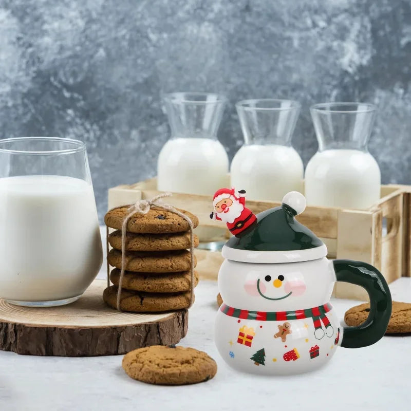 Snowman Mugs with Lid: Porcelain Christmas Coffee Mugs with Spoon for Coffee Hot Chocolate - Christmas Ceramic Cute Drinkware
