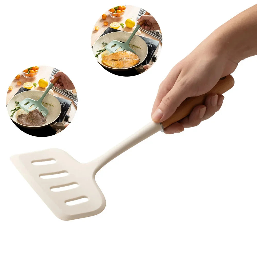 1Pcs Silicone Spatula Wide Mouth Shovel Beef Non-Stick Wooden Handle Meat Egg Frying Cooking Tool Kitchenware Gadgets Tools