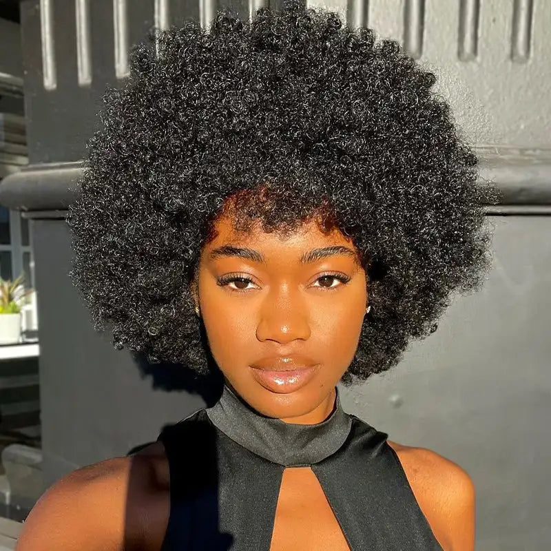 Afro Kinky Curly Short Human Hair Wigs With Thick Bangs Fluffy Natural Bob Wig Glueless Brazilian Full Machine Made Wigs On Sale