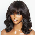 Body Wave Bob Wig With Bangs Short Full Machine Made Human Hair Wigs 220% Density Loose Body Wave Brazilian Natural Black Color