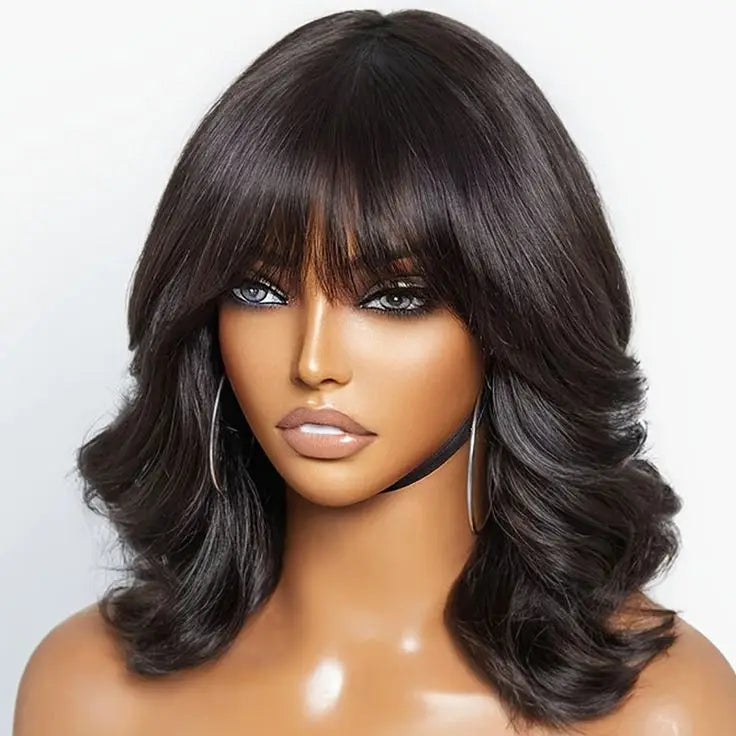Body Wave Bob Wig With Bangs Short Full Machine Made Human Hair Wigs 220% Density Loose Body Wave Brazilian Natural Black Color