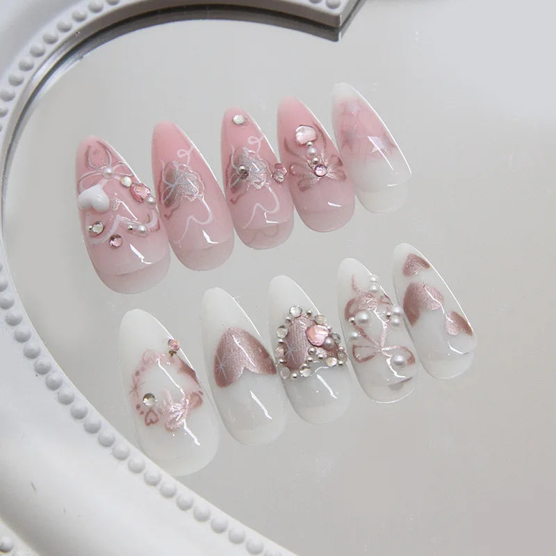 10pcs Sweet False Nail Patches Detachable Fake Nail Tips With Bowknots Love Heart Pearl Design Pink Almond Korean Press On Nail