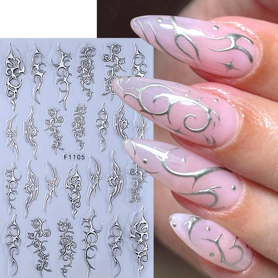 2pcs Metallic Chrome Nail Art Stickers Y2K Punk Thorns Flame Totem Designs Gold Silver Irregular Stripes Adhesive Decals Decor