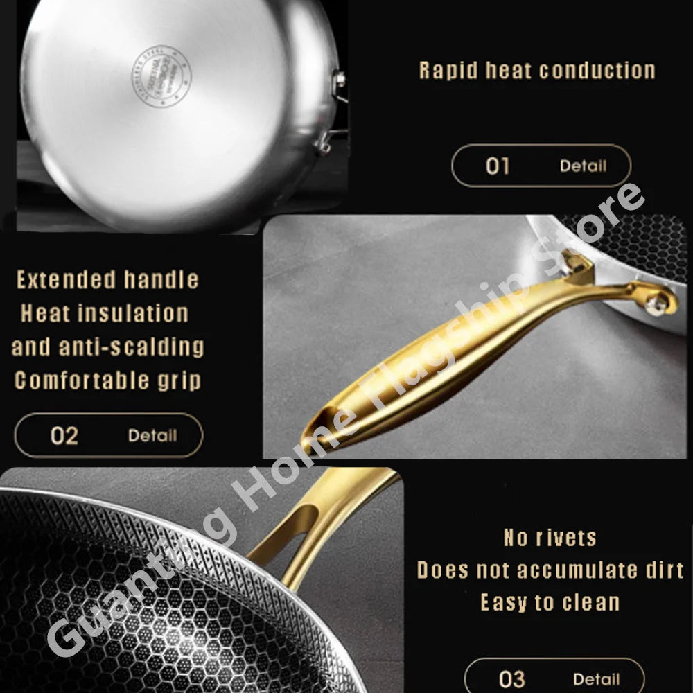 316 Stainless Steel Frying Pan Wok Non-stick Honeycomb Pot Home Steak skillet Gas Stove Induction Saucepan Kitchen Cookware 30cm