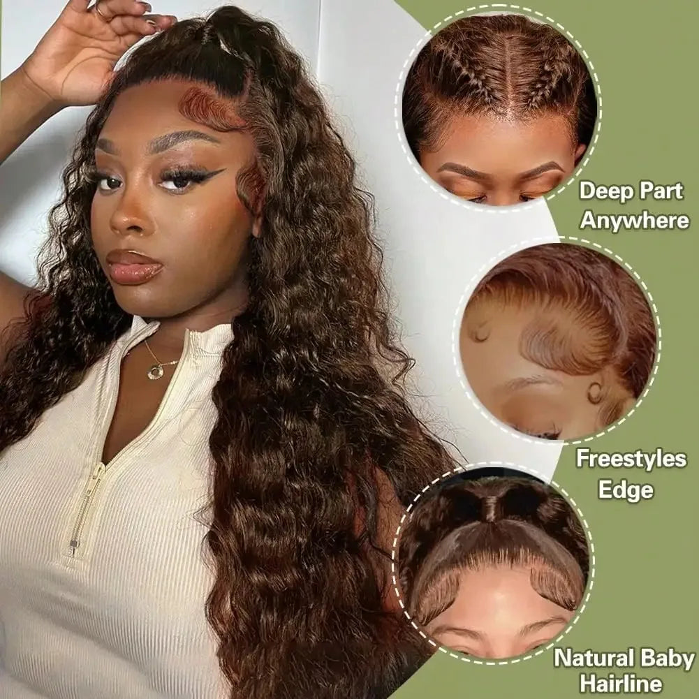 30 36Inch Chocolate Brown Deep Wave Human Hair Wigs 13x4 13x6 Hd Lace Frontal Wig 4# Colored Burmese Curly Hair Wig 220Density