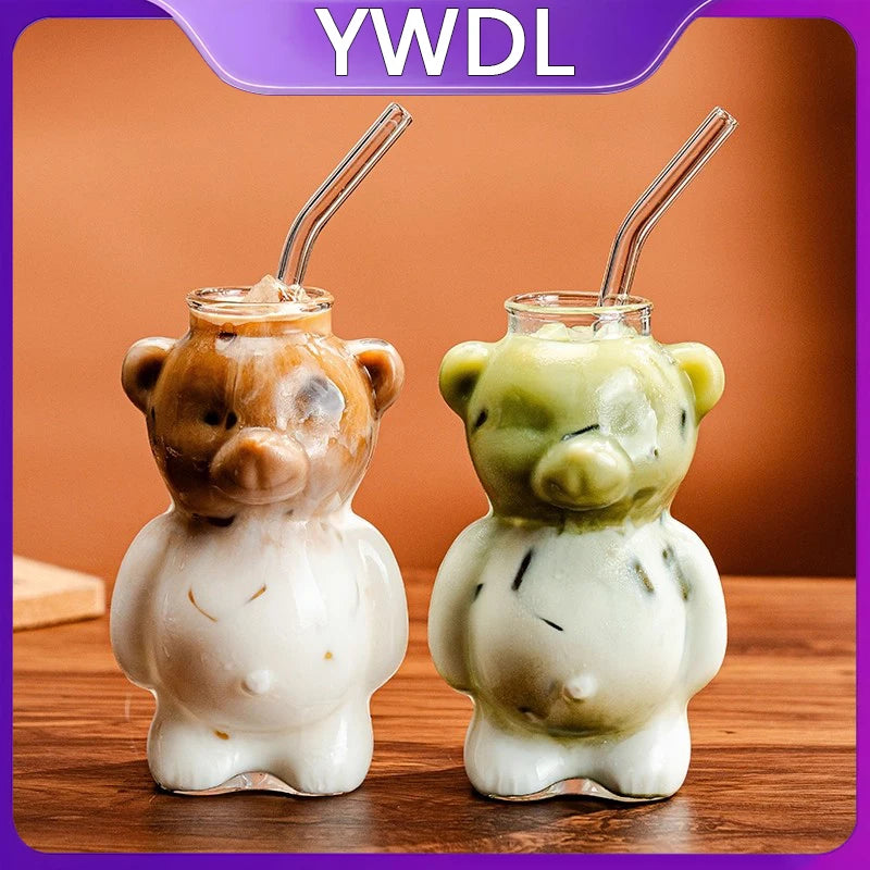 300ml Creative Bear High Borosilicate Glass Cup With Straw Clear Juice & Cocktail Glass Heat-resistant Milk Coffee Cup For Home
