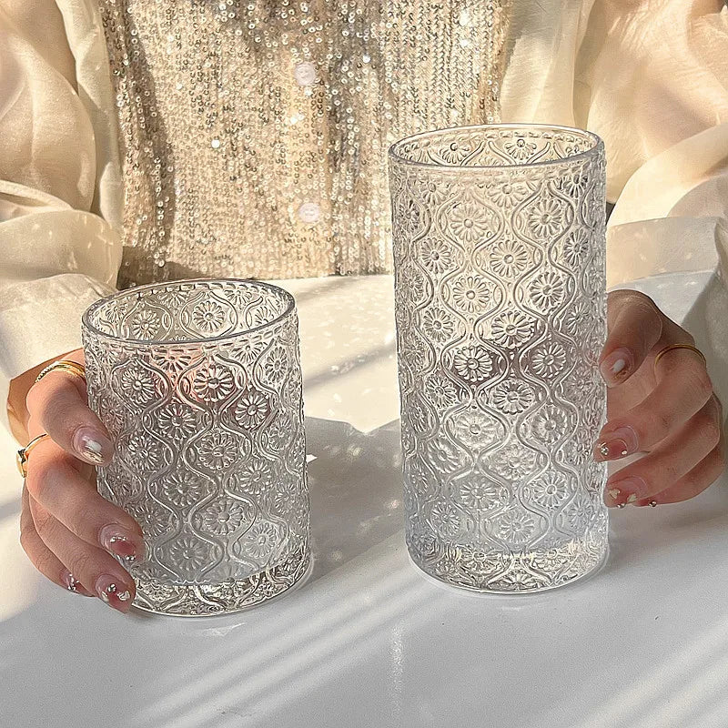 Begonia carved glass simple ice American latte coffee cup milk drink cup household water cup suitable for restaurants and coffee