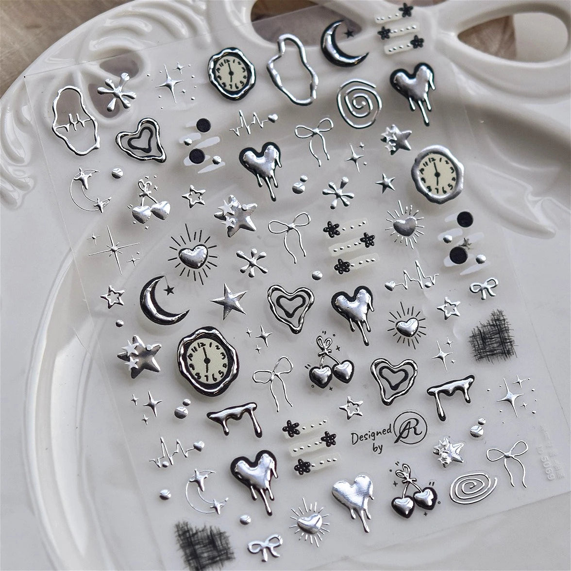 Silver Lava Annual Ring Cherry Clock Watch Starburst Love Heart Rate Chart Moon Star Line  Bowknot Line Nail Art Stickers Decals