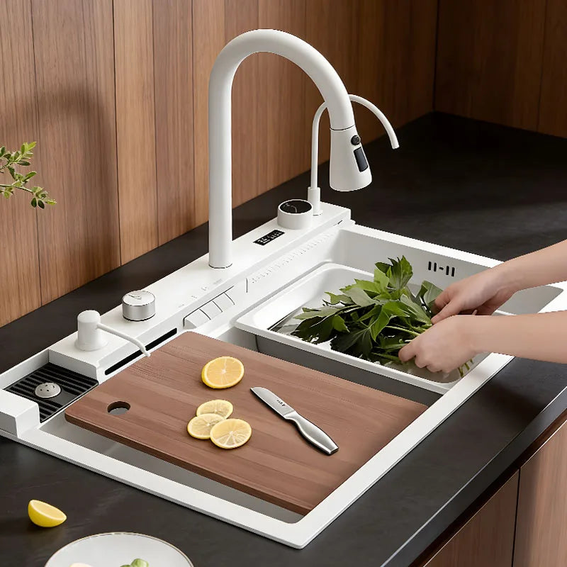 Piano keys Cream White Multifunctional Kitchen Sink Double-track Free combination Cutting board Drain basket Basin in basin