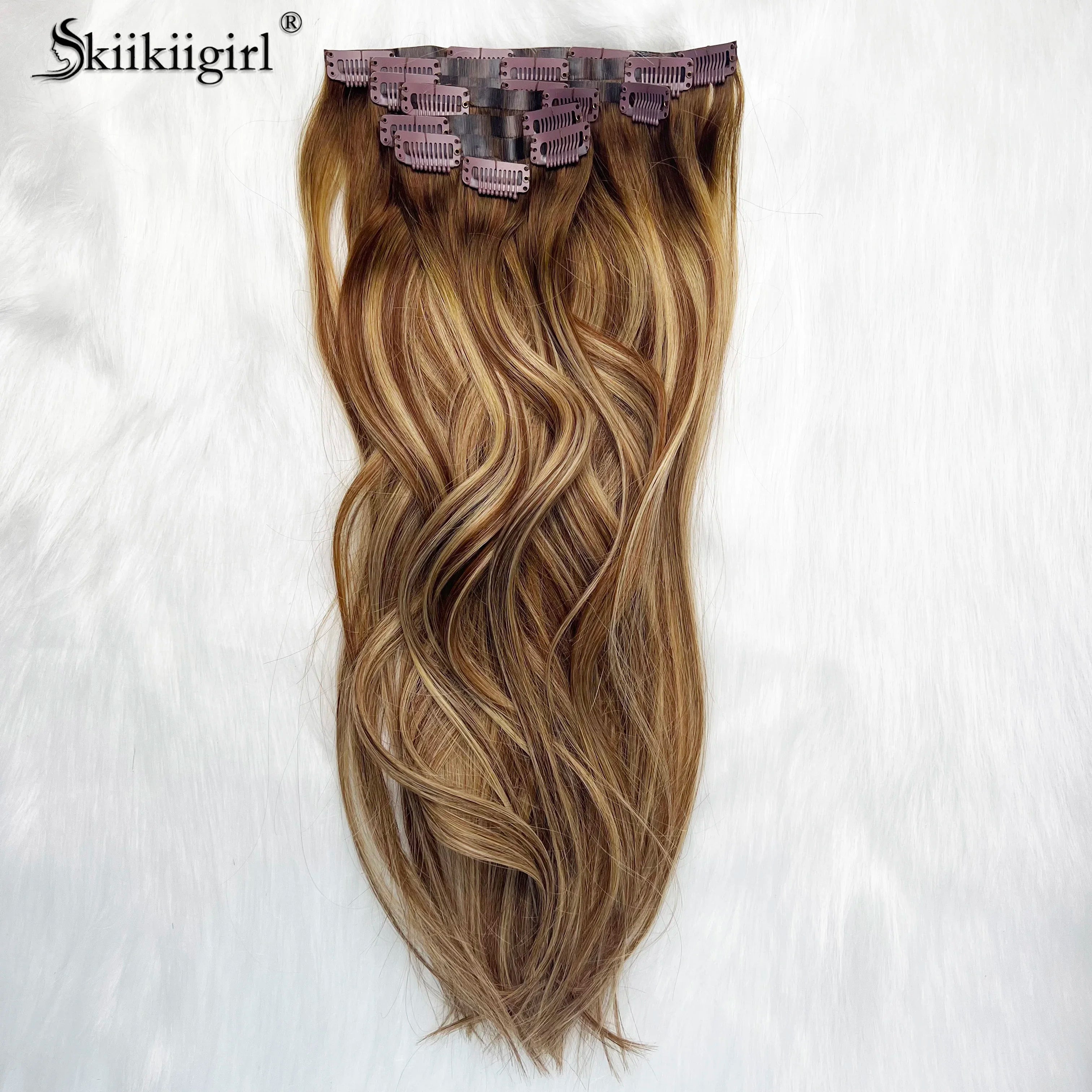 kiikiigirl PU Clip In Hair Extensions Human Hair 100% Remy Hair Seamless Weft Clip Ins For Women
