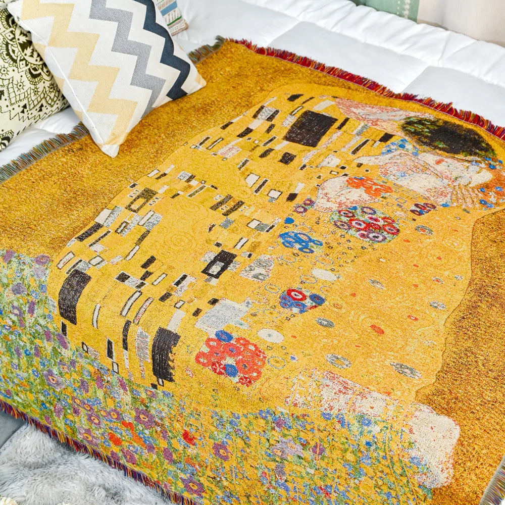 Gustav Klimt Art Pattern Cotton Fabric Blanket For Home Decoration Tapestry The Kiss Blankets Living Room Accessory Austria